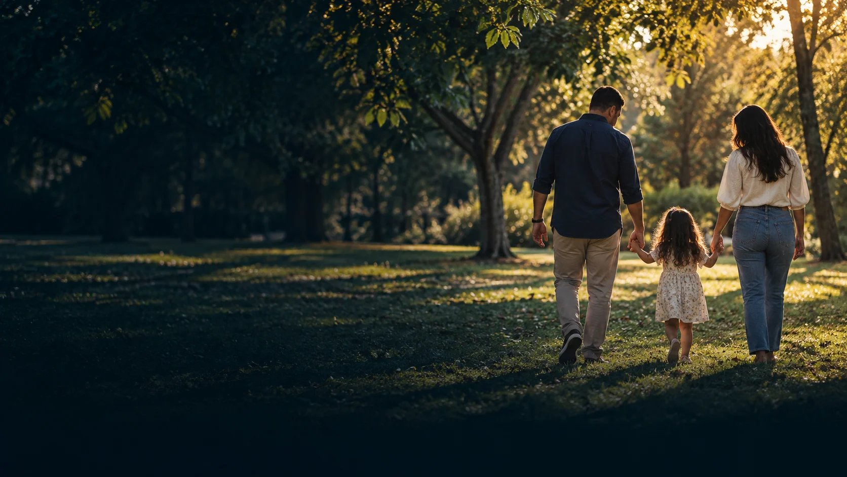 Família caminhando de mãos dadas em um parque ao entardecer