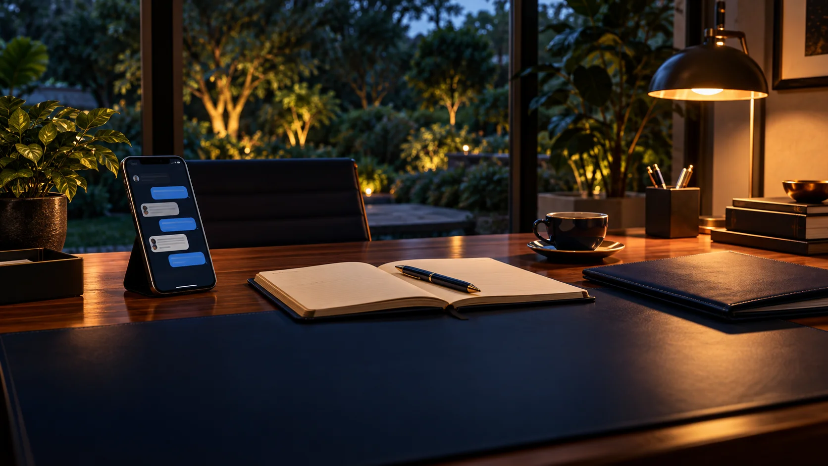Mesa de trabalho com telefone, caderno e anotações