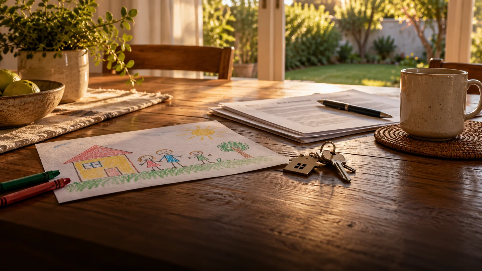 Desenho de família, chaves e documentos sobre uma mesa